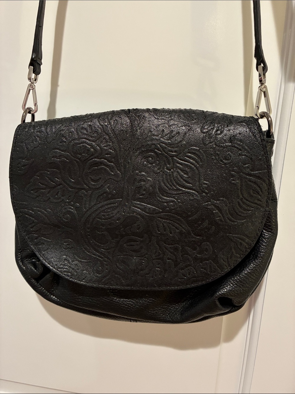 Valentina Fiore Black Embossed Italian Leather Flap Crossbody Saddle Bag Made in
